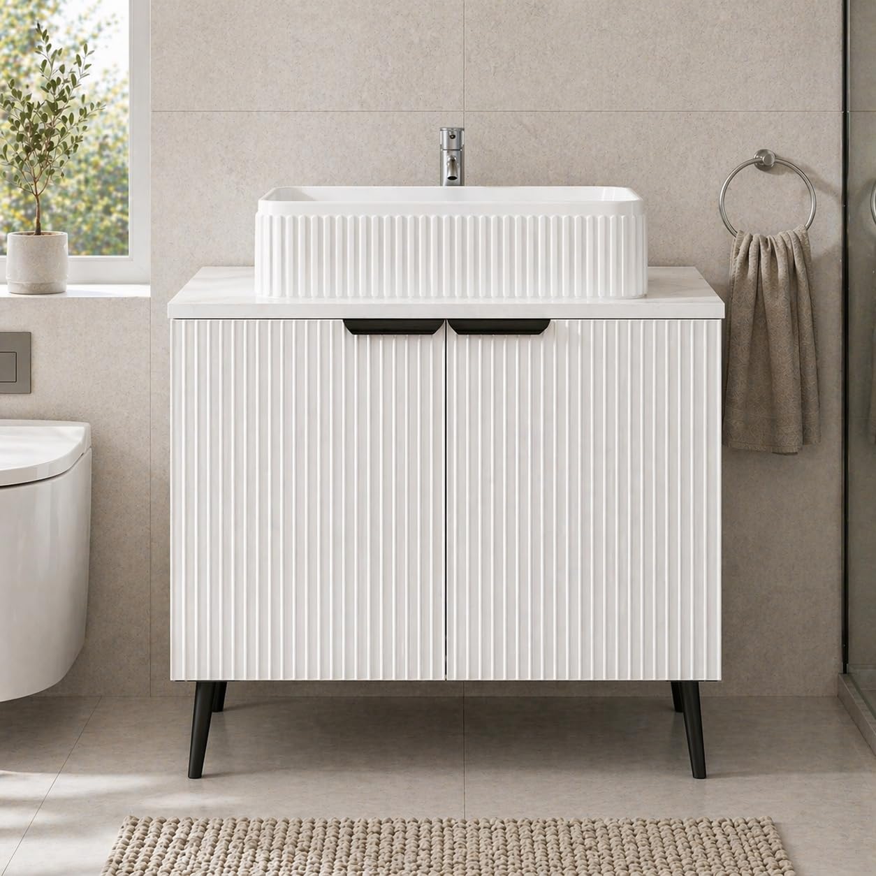 Badmöbel Set Waschbecken mit Unterschrank 75 cm Breit, Freistehend Waschtisch mit Unterschrank, Gäste-WC & Bad, Soft Close Türen, Wellen-Design, Marmorierte Waschtischplatte, Keramikwaschbecken