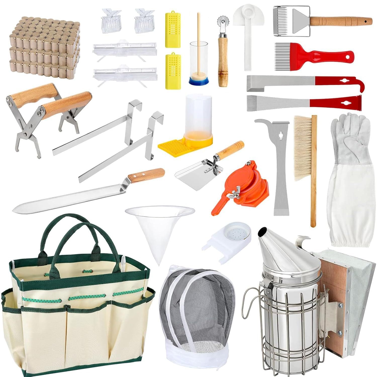 32-teiliges Imkerei-Werkzeug-Starter-Set, Bienenhaltungszubehör – Komplettes Bienenstock-Werkzeug-Set Mit Organizer-Tasche Und Imker-Handschuhen For Anfänger Und Imker