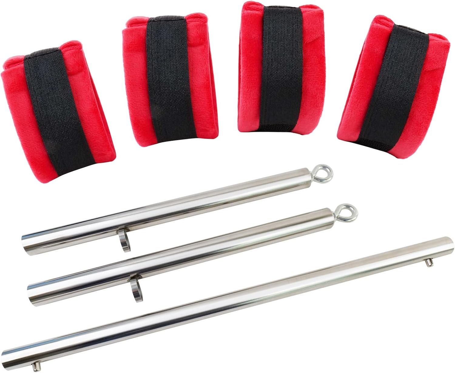 Spreader Bar Heavy Duty Stainless Steel Expandable Silver Bar with 4pcs Furry Red Adjustable Strap,Sports Aid Training Fitness Gear Pilates Aid Kit, Home Restore Pilates Indoor Yoga Set