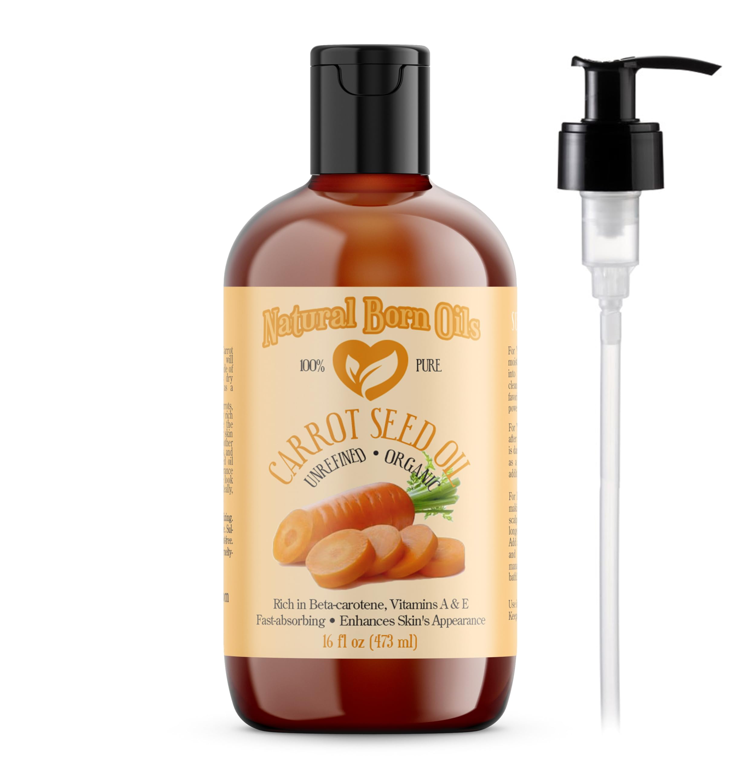 Natural Born Oils16oz Carrot Seed 100% Pure and Cold-pressed, Organic, Moisturizer for Skin and Hair - Includes Pump & Flip Cap