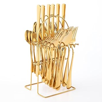 ATT Golden Cutlery Rack Set, Gold Spoon Knife Fork Set for Dining Table, Cutlery Set for Kitchen, Spoon and Fork Set 24pcs Stainless Steel Flatware Set, Mirror Finish (Gold)