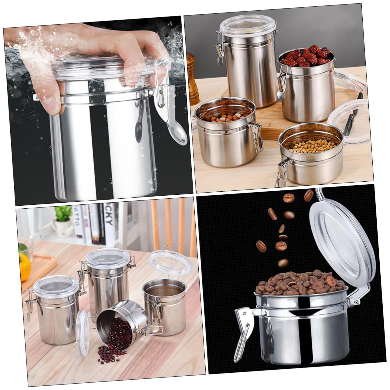 Zerodeko Recipiente Hermético de Acero Inoxidable para Almacenar Alimentos, 4 Piezas Cierre Seguro, Adecuado para Café y Té en Cocina