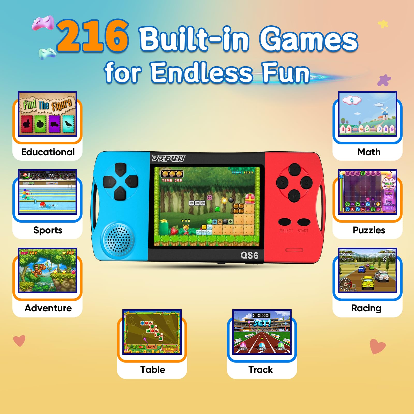 Handheld Retro Game Console for Kids Ages 4-12, Preloaded 216 Classic Mini Games, 3.5″ Large Screen, Rechargeable, Portable Arcade Video Game Gift for Boys Girls (Blue+Red) — view 5