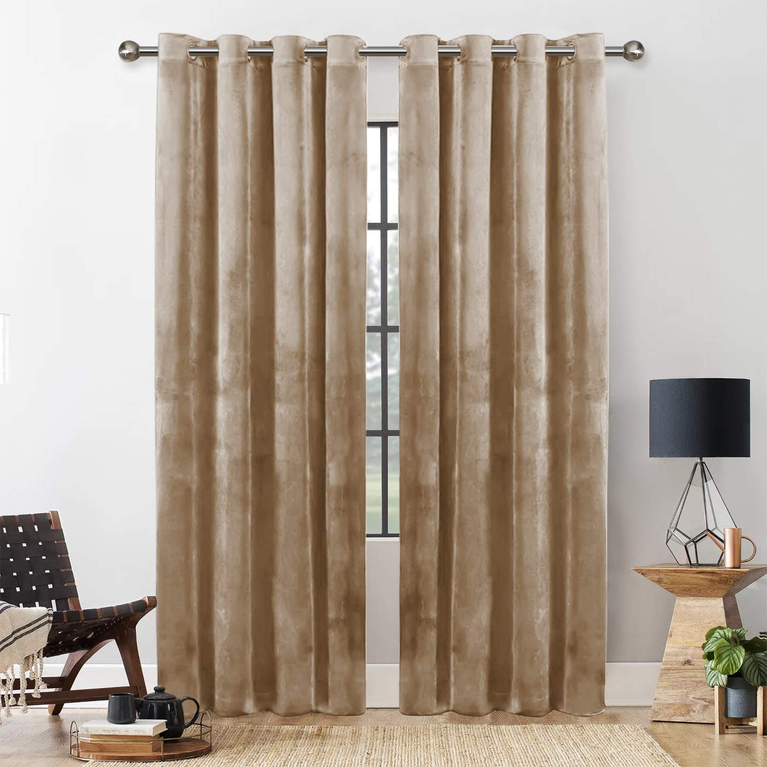 Yorkshire Bedding Blackout Curtain 66x54 Drop Eyelet Room Darkening Beige Crushed Velvet Curtains for Bedroom Decor Fully Lined Window Curtains + Tie Backs (168cm x 137cm)