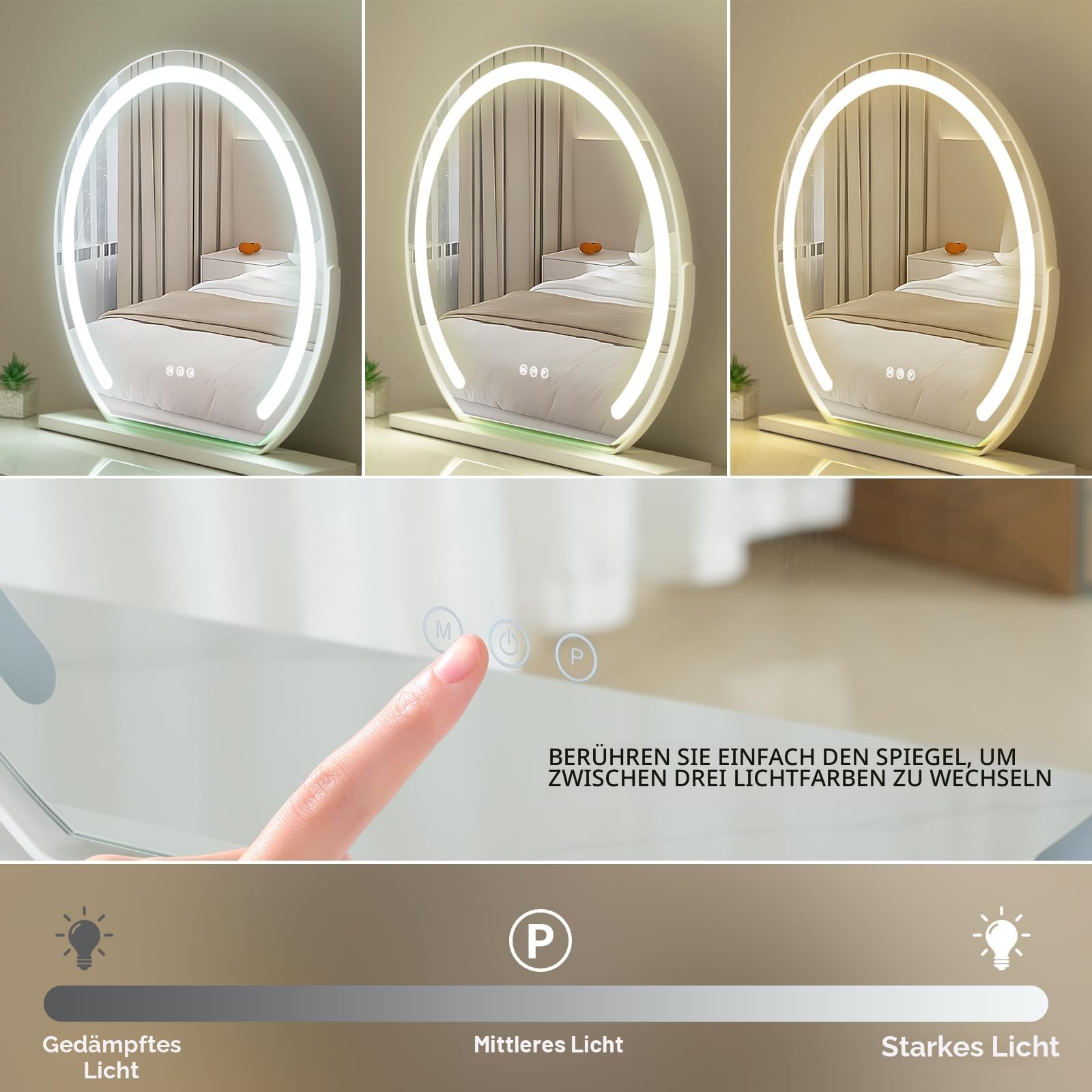 Explosionssicherer Beleuchteter Kosmetikspiegel mit 3 Lichtmodi, Schminkspiegel mit Beleuchtung, Augenschutz,10-fache Lupe, 330°drehbar, Touch-Design, USB&Type-C,Schlafzimmer/Badezimmer (60 cm)