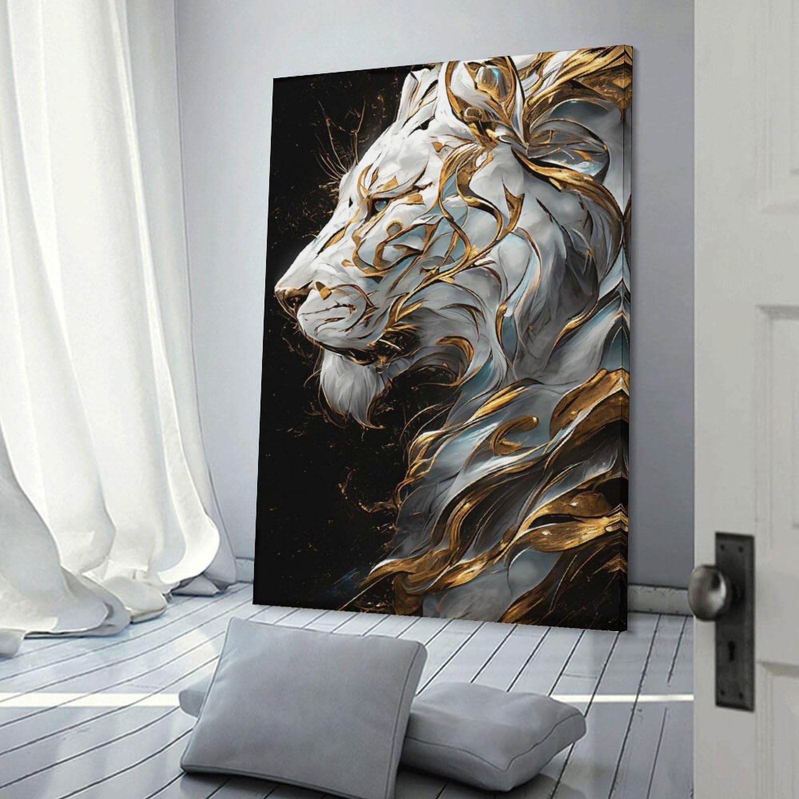 Junmoney Wall Picture Print Majestic White Lion with Gold Embellishments, 12x18inch(30x45cm), for Living Room, Bedroom Or Home Office, Thoughtful Wall Decor for Art Lovers