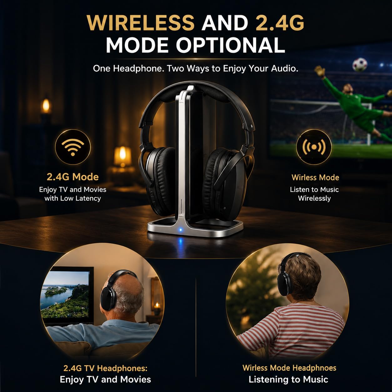 Retekess TA007 Cuffie Wireless per TV, Stazione di Ricarica Trasmettitore 2.4G, Nessun Ritardo Audio, Distanza 60m in Luogo Aperto, Cuffie senza Filo per tv, Connessione Wireless, per Casa