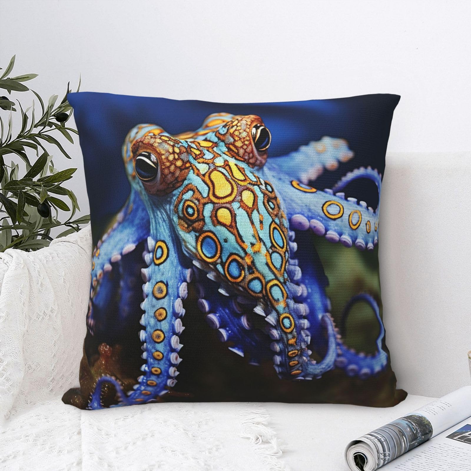 FodPand Luxury Velvet Throw Pillow Covers 18"x18" Super Soft Decorative Pillow Cases - Blue Ringed Octopus Pillowcases Modern Lumbar Cushion Cases for Couch Sofa Bed Pillow Shams