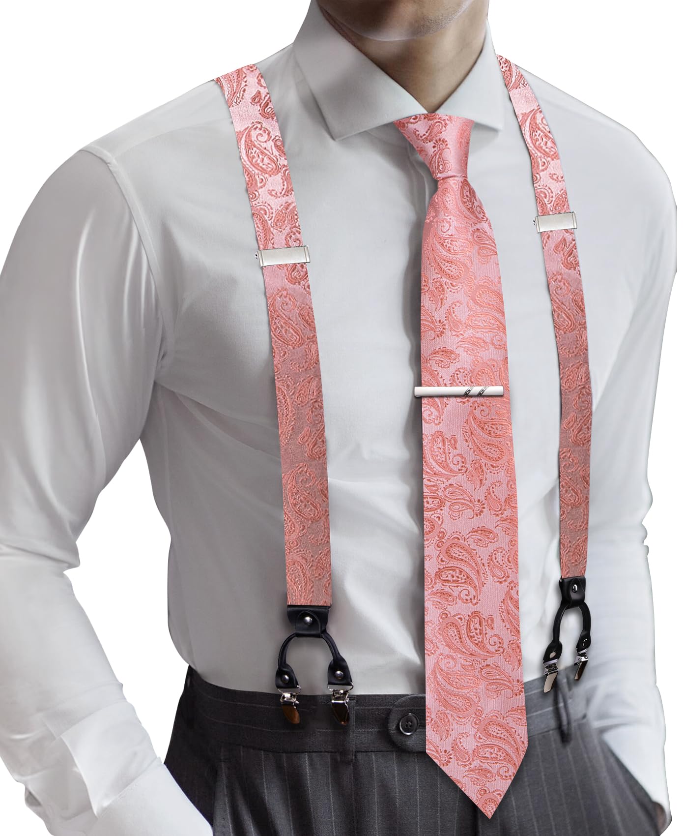 Barry.Wang Men Suspender Tie Sets Elastic Heavy 6 Clips Hanky Cufflink 5PCS | Classic Suspender Set for Man Necktie Y Type Adjustable Heavy Duty 6 Clips Braces Pocket Square Cufflinks Party
