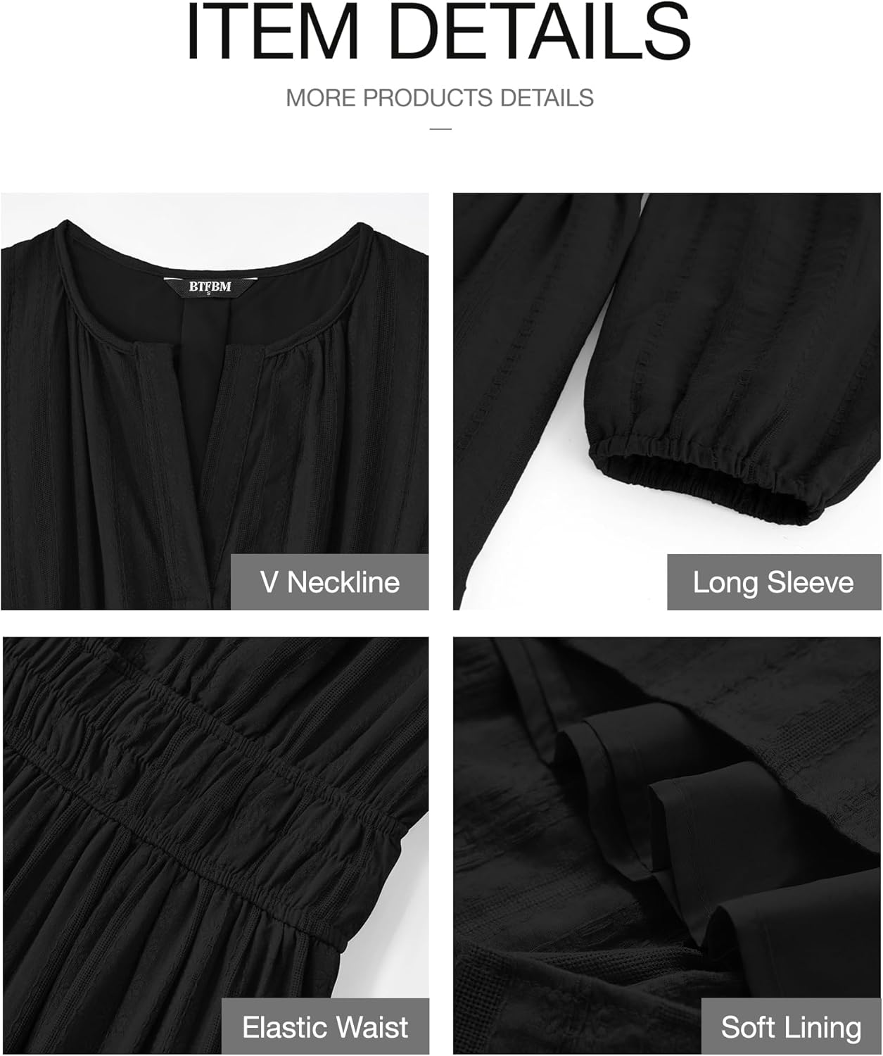 BTFBM Spring Dresses for Women 2026 Casual Long Sleeve V Neck Elastic Waist Lightweight Maxi Wedding Guest Dress Pockets - Image 4