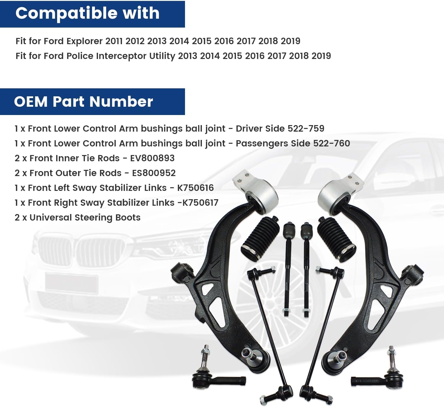 10 Pcs Front Lower Control Arms Suspension Kit for 2011-2019 for Ford Explorer 2013-2019 for Ford Police Interceptor Utility w/Ball Joints Tie Rod End w/Boot Sway Bar End Link Assembly K622215 K622216