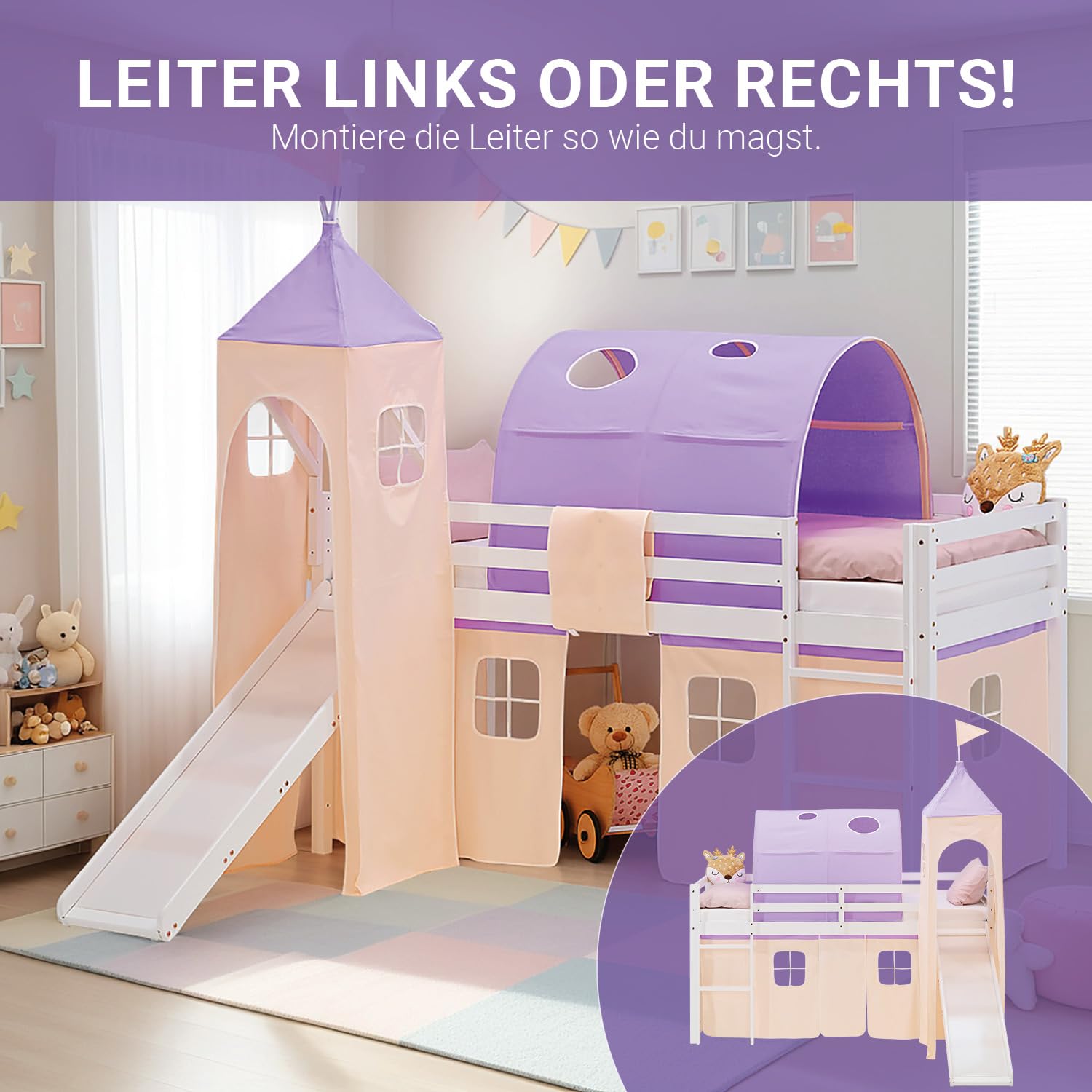 Homestyle4u Hochbett mit Rutsche 90x200 - Kinderbett mit Turm & Tunnel | Massivholz Kiefer Weiß - Inklusive Vorhang in Lila Beige - Stabiles Kinderhochbett mit Absturzsicherung - 90x200 cm