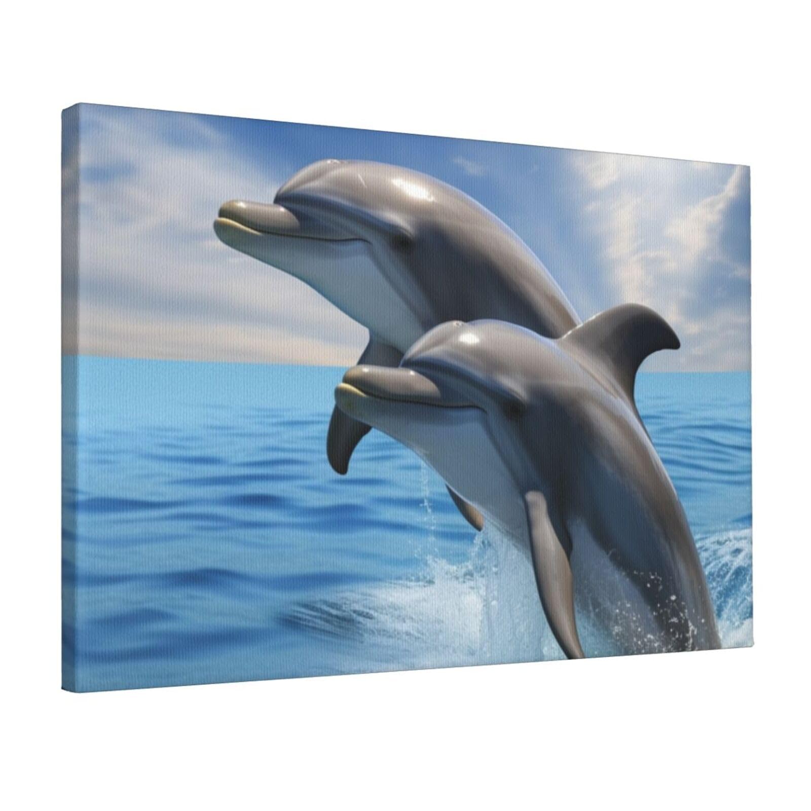 KLOPH Two Dolphins Canvas Wall Art for Living Room 12"x18" Modern Artwork Painting for Bathroom Hanging Canvas Prints Aesthetic Wallart for Bedroom Kitchen Office Wall Decor