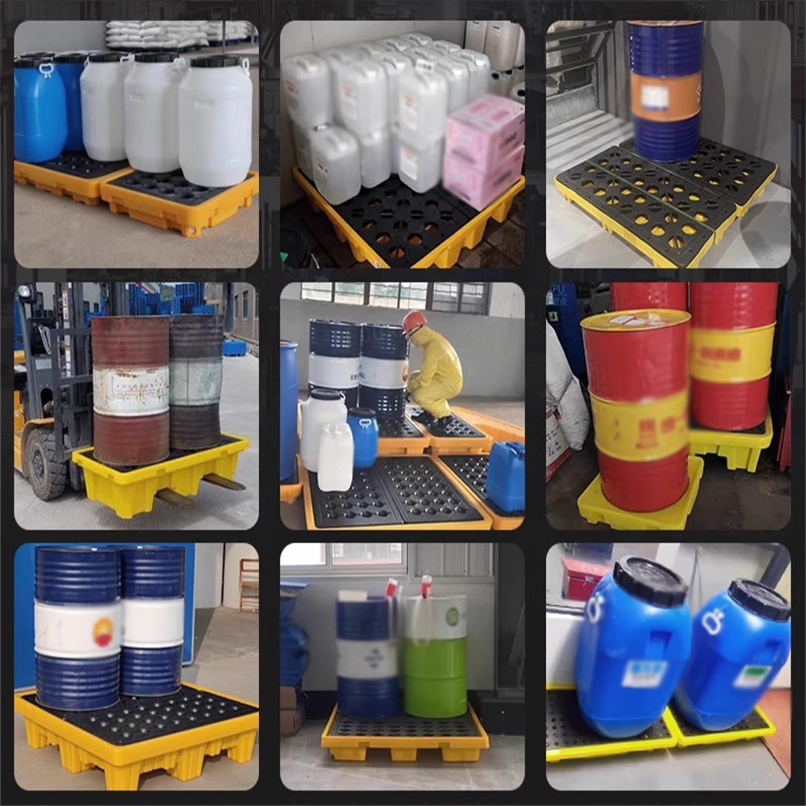 Pallet Industriale Anti-Goccia, 72x72x16 cm, Pallet Antiscivolo Rinforzato per fusti di Olio con drenaggio, forche per Carrello elevatore e griglia Rimovibile per Un deposito Sicuro, Nero +