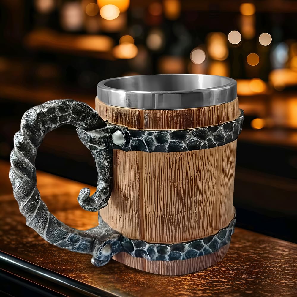 Holzkrug Mittelalter, Bierkrug Holz mit Edelstahl, 600ml Fass Retro Krug Holzfass, Beer Mug für Kaffee/Getränke/Saft, Geschenk für Männer, Vatertagsgeschenk