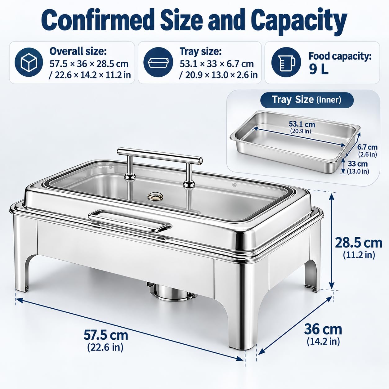 Edelstahl-Chafing-Dish, 9 L Fassungsvermögen, 180° Deckel