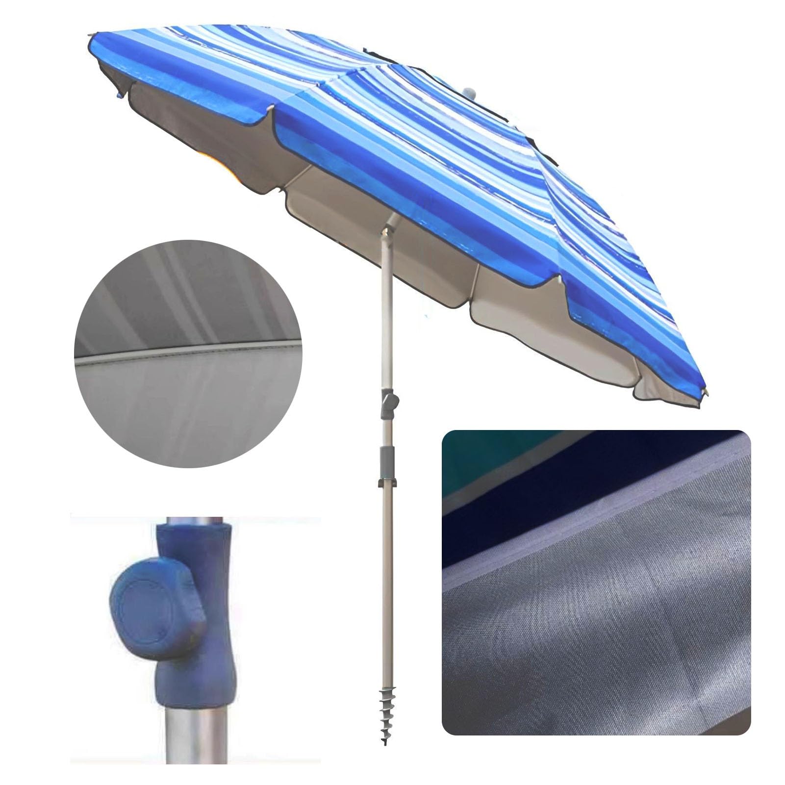 220cm Przechylny Parasol Plażowy, Wodoodporny z Filtrem UV 50+, Osłona Słoneczna do Ogrodu, Basenu i Podwórka, Niebieskie Paski