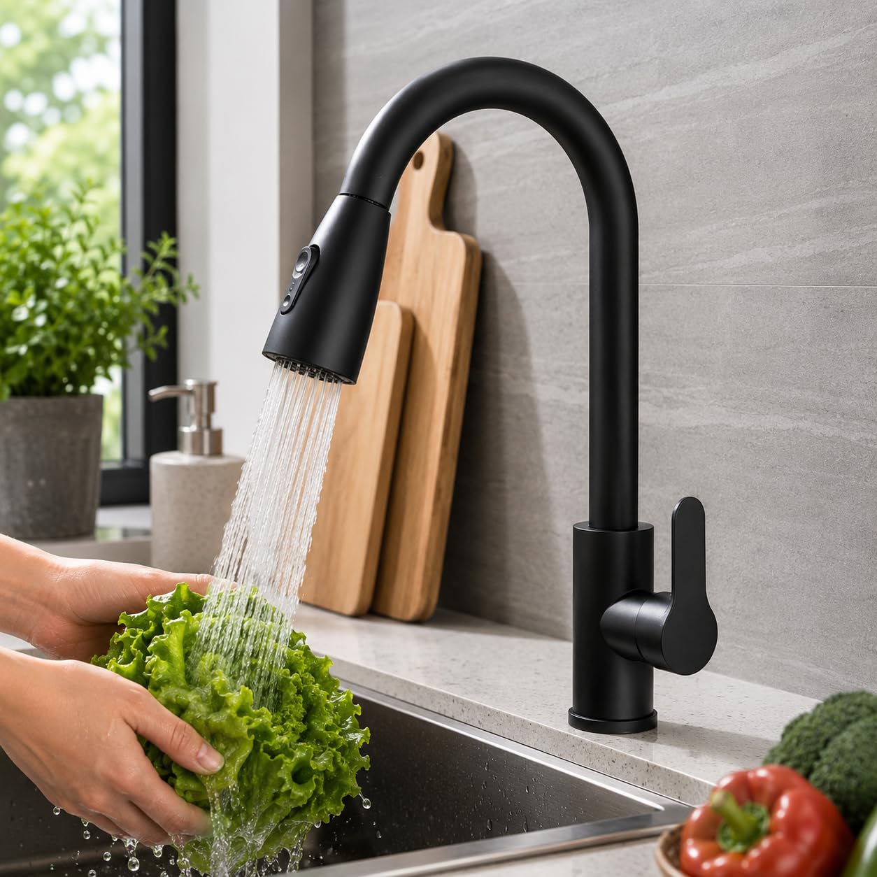 TVTIUO Black Kitchen Tap, Kitchen Mixer Taps with Pull Out Sprayer, Swivel Spout with 2 Modes Spray, Single Handle for Easy Control