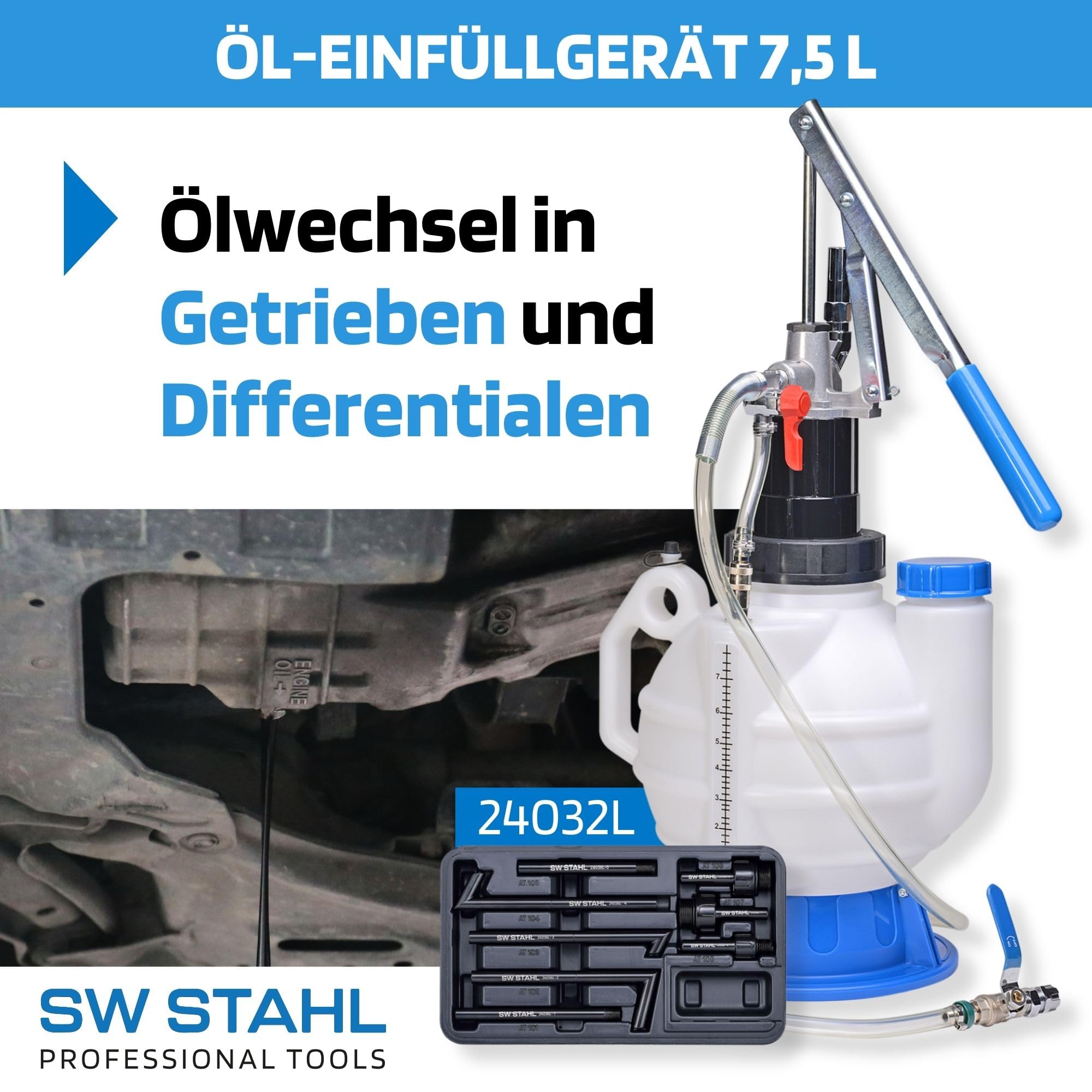 SW-Stahl 24032L Zestaw do Napełniania Oleju Przekładniowego, 7.5 l | Pompa do wymiany oleju w skrzyni biegów, 11-częściowy komplet z 8 adapterami, do serwisu olejowego silnika i przekładni