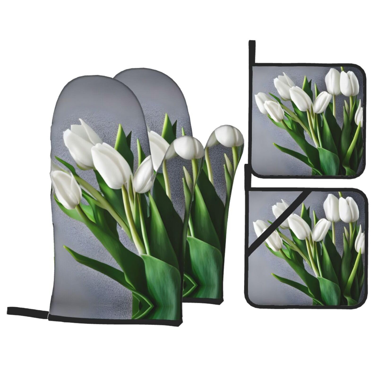 White Tulips Flowers Print Oven Microwaving Waterproof Kitchen Gloves for Baking Grilling Holiday Cooking