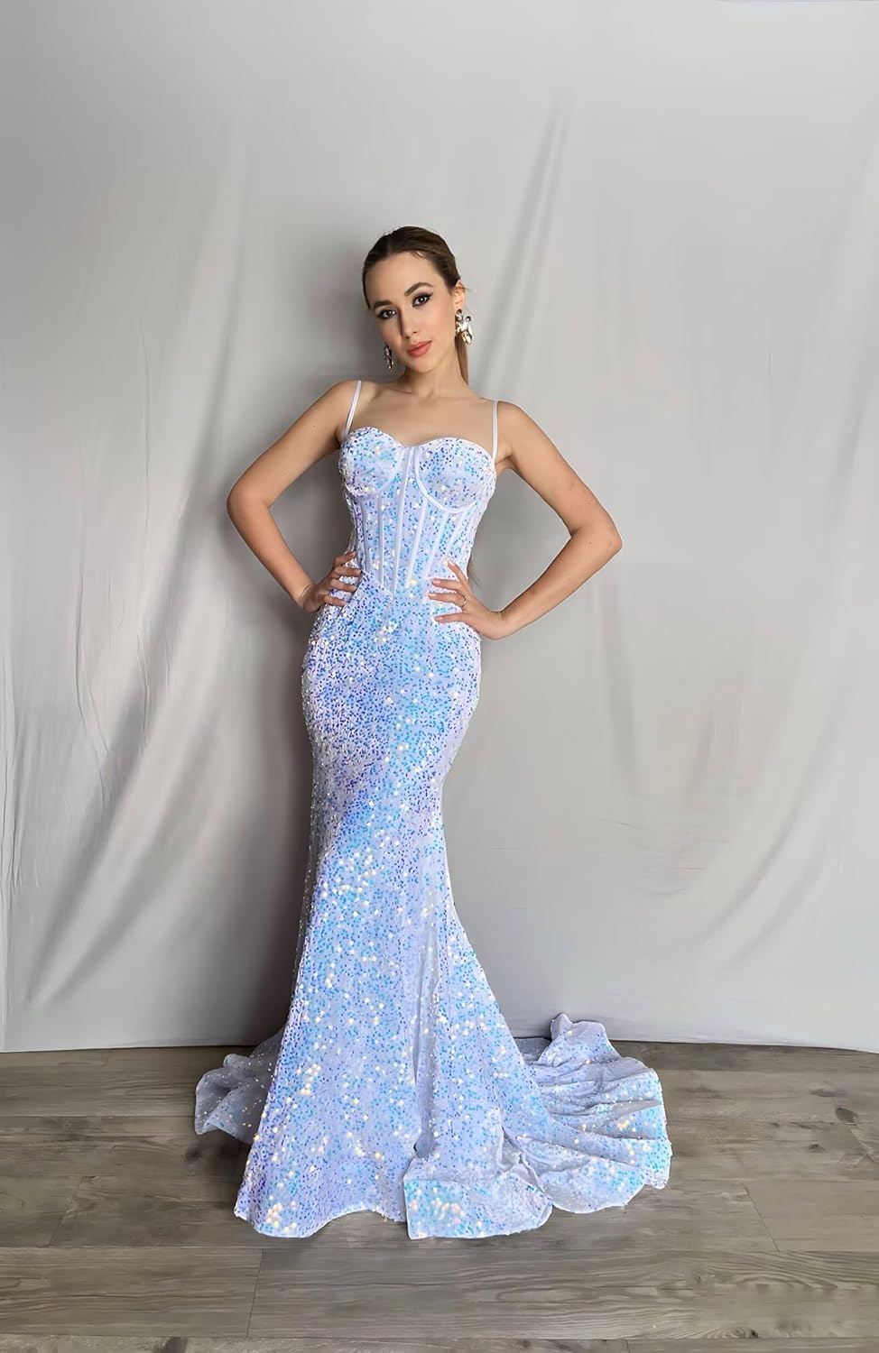 Cudiew Sparkly Sequin Prom Dresses for Women Long Spaghetti Straps Corset Mermaid Formal Evening Gowns Bodycon