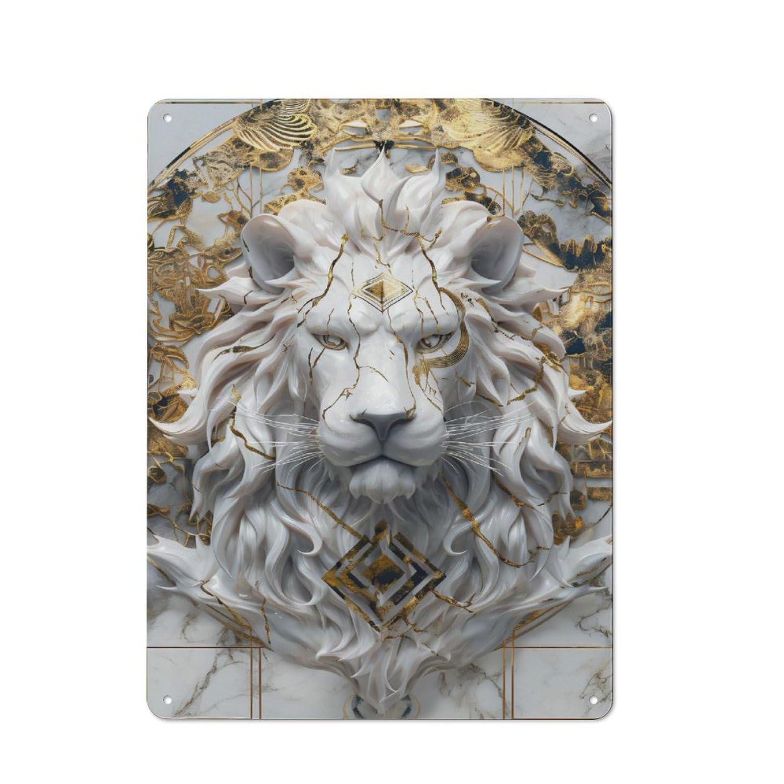 Junmoney Style Rustic Marble Lion With Golden Accents Tin Wall Plaque 40X30cm, Rustic Kitchen Decor For Cottage, Kitchen, Hallway Or Breakfast Nook