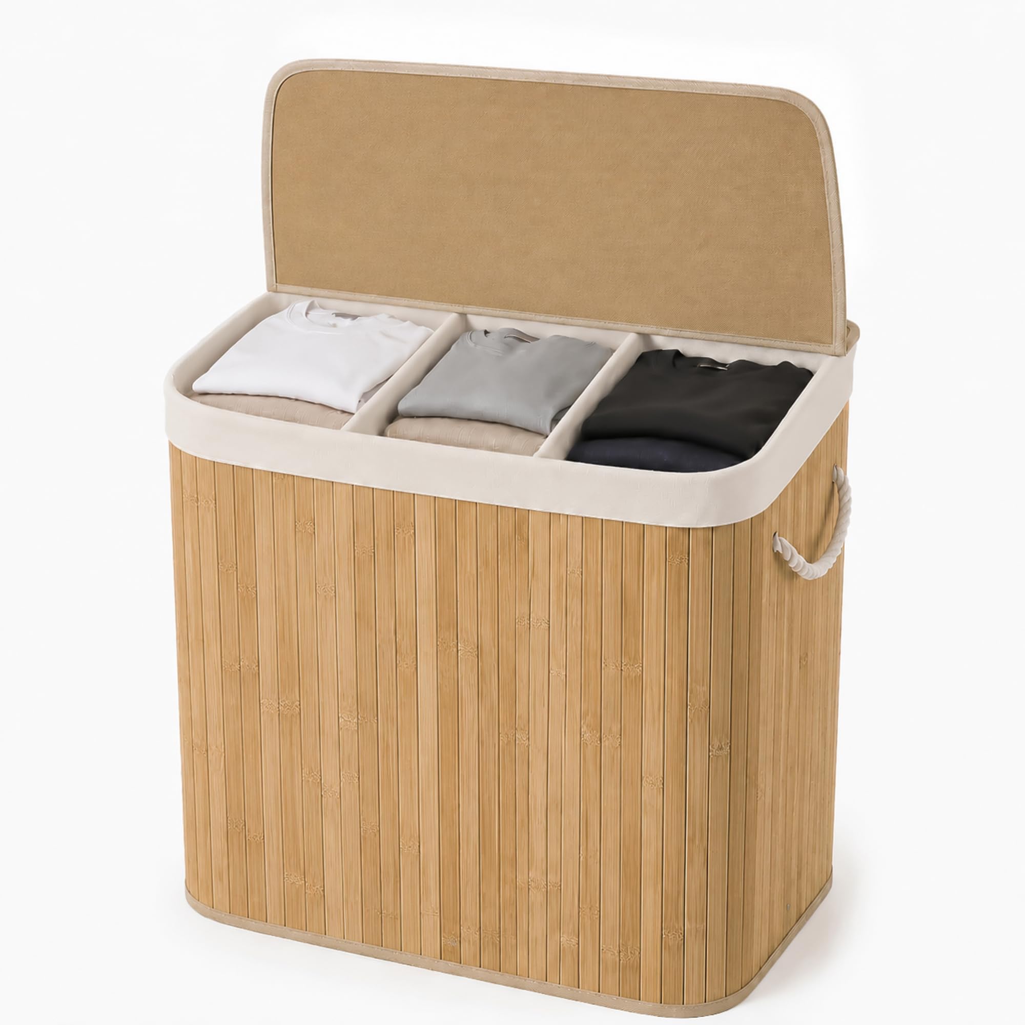 RAVQENIA Bamboo Laundry Basket with Lid, 3 Compartments 140L Laundry Hamper