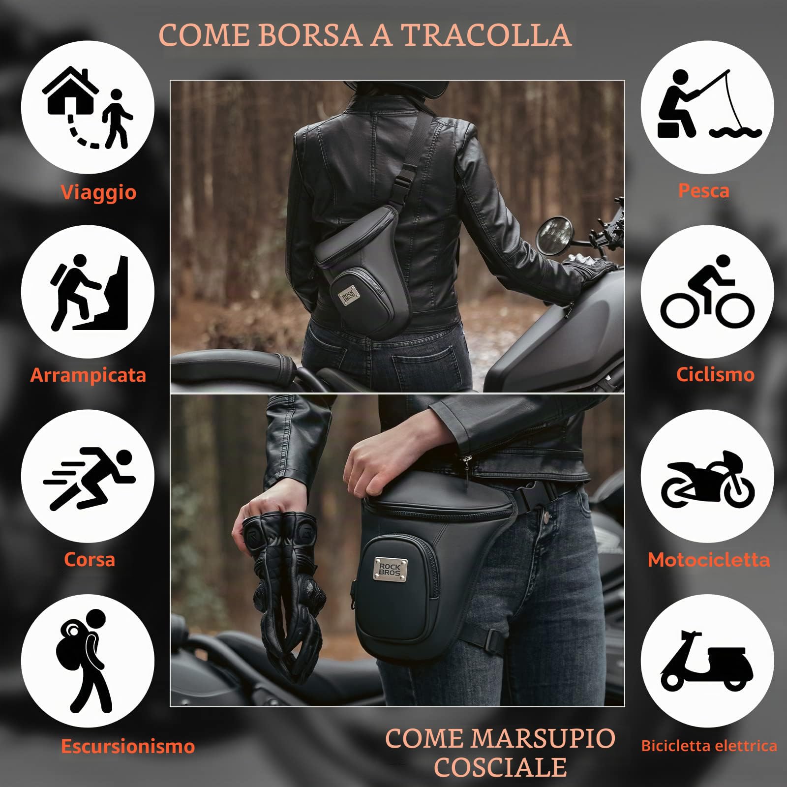 ROCKBROS Marsupio da Gamba Moto, Borsa Sportivo a Tracolla, Marsupio Cosciale Uomo Donna, Multifunzionale per Attività Outdoor, Grande Capacità