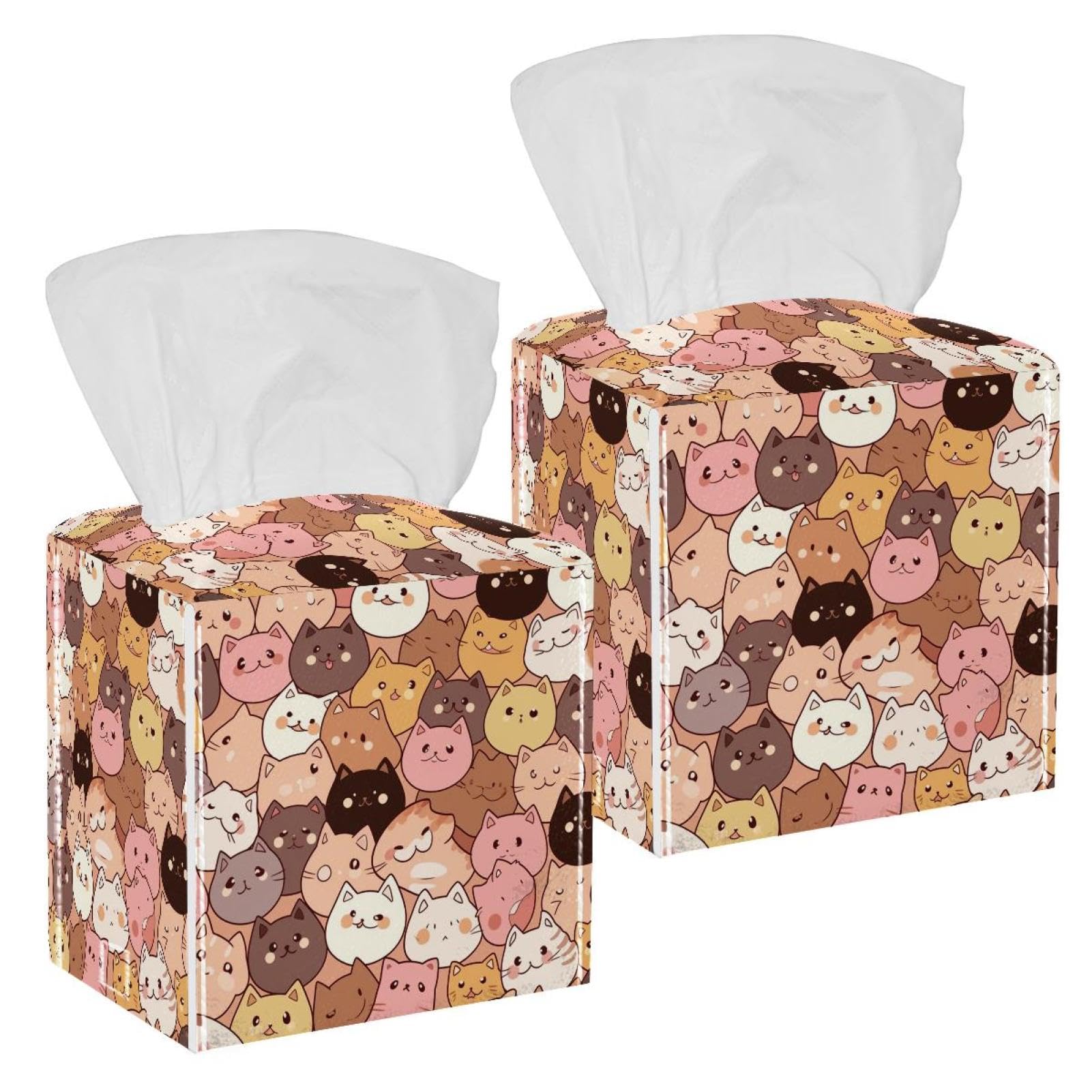 Lovely Cat Tissue Box Cover, 2 Pack PU Leather Square Facial Tissue Dispenser Box holder for Home Office Car