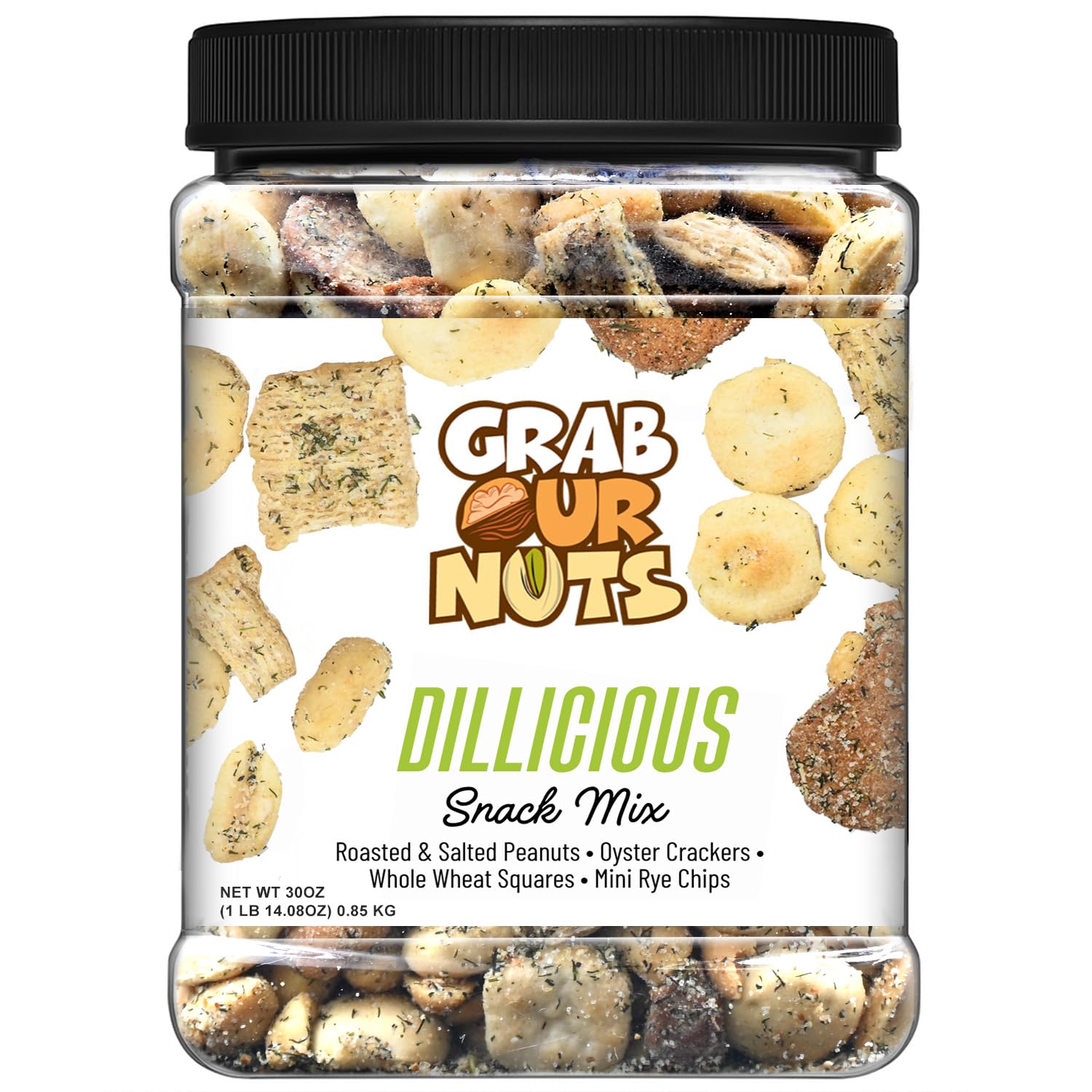 Grab Our Nuts Dillicious Snack Mix 30 Ounce Jar: Roasted & Salted Peanuts, Oyster Crackers, Whole Wheat Squares, Mini Rye Chips