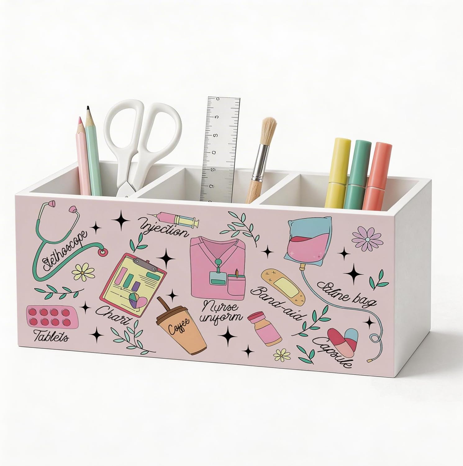 Nurse Office Pen Holder Organizer Desk Decor, Nurse Week Appreciation Gifts, Pink Nursing Wooden Pen Pencil Holders for Clinic Hospital Nursing Medical Office Desk Accessories