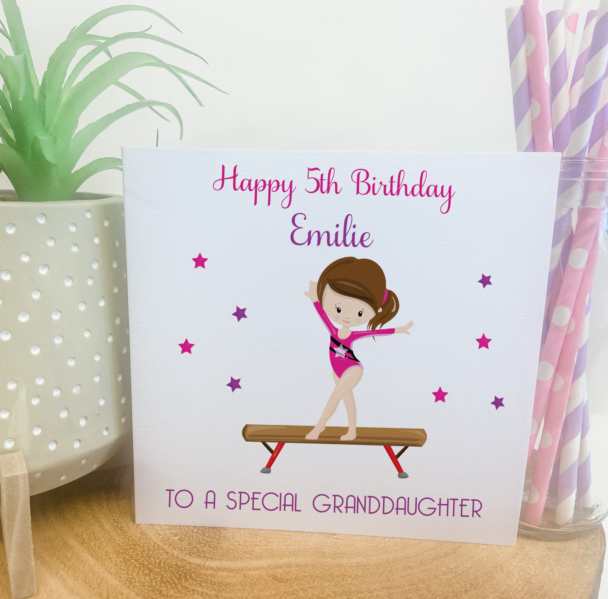 Personalised Handmade Girls Birthday Card Gymnastics Girl Brown Hair Daughter Granddaughter 6th 7th 8th any age
