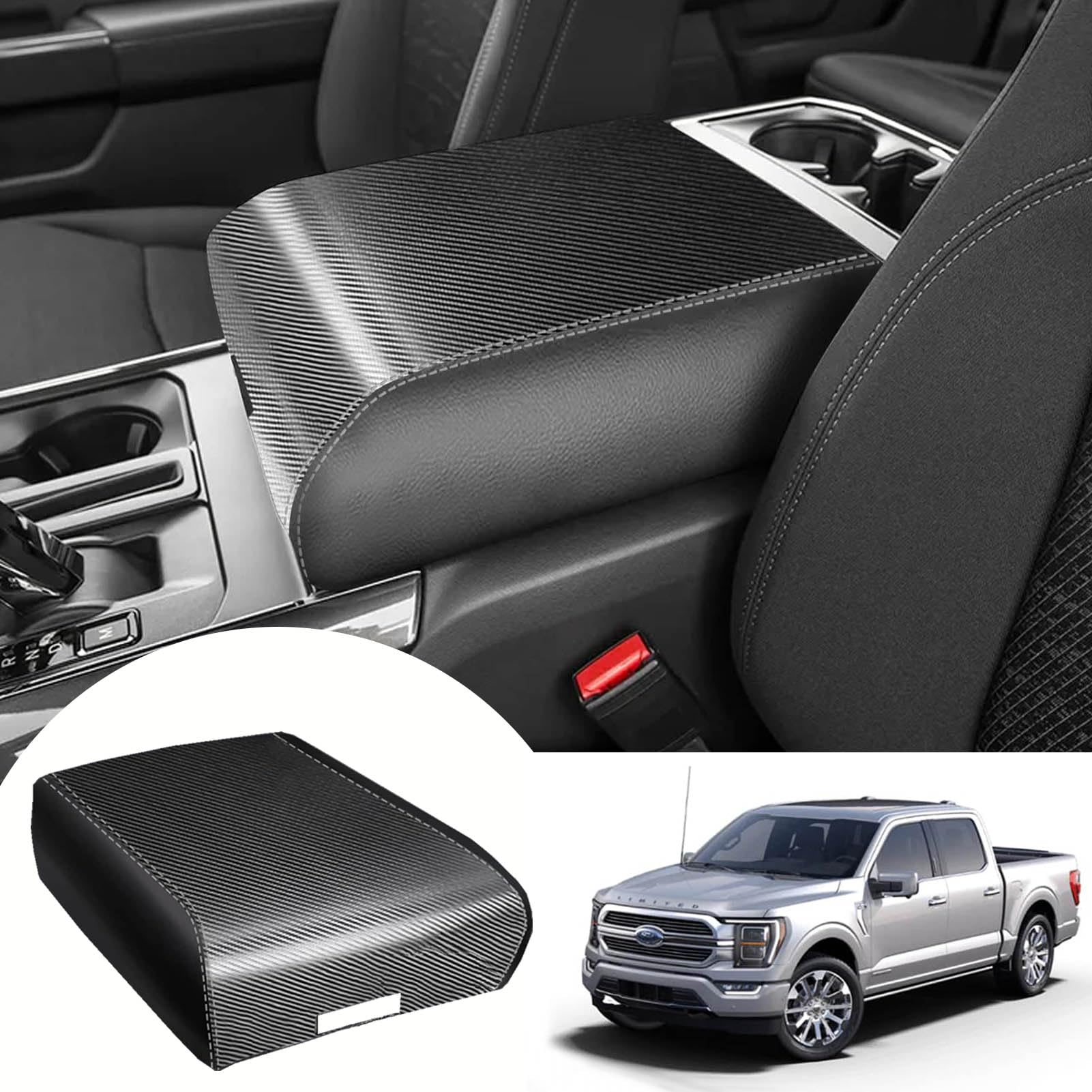 ANMOSVOCenter Console Armrest Cover for Ford F150 Accessories Interior 2021 2022 2023 Middle Console Lid Seat Cover Protector Elbow Cushion Pad (Carbon Fiber Texture)