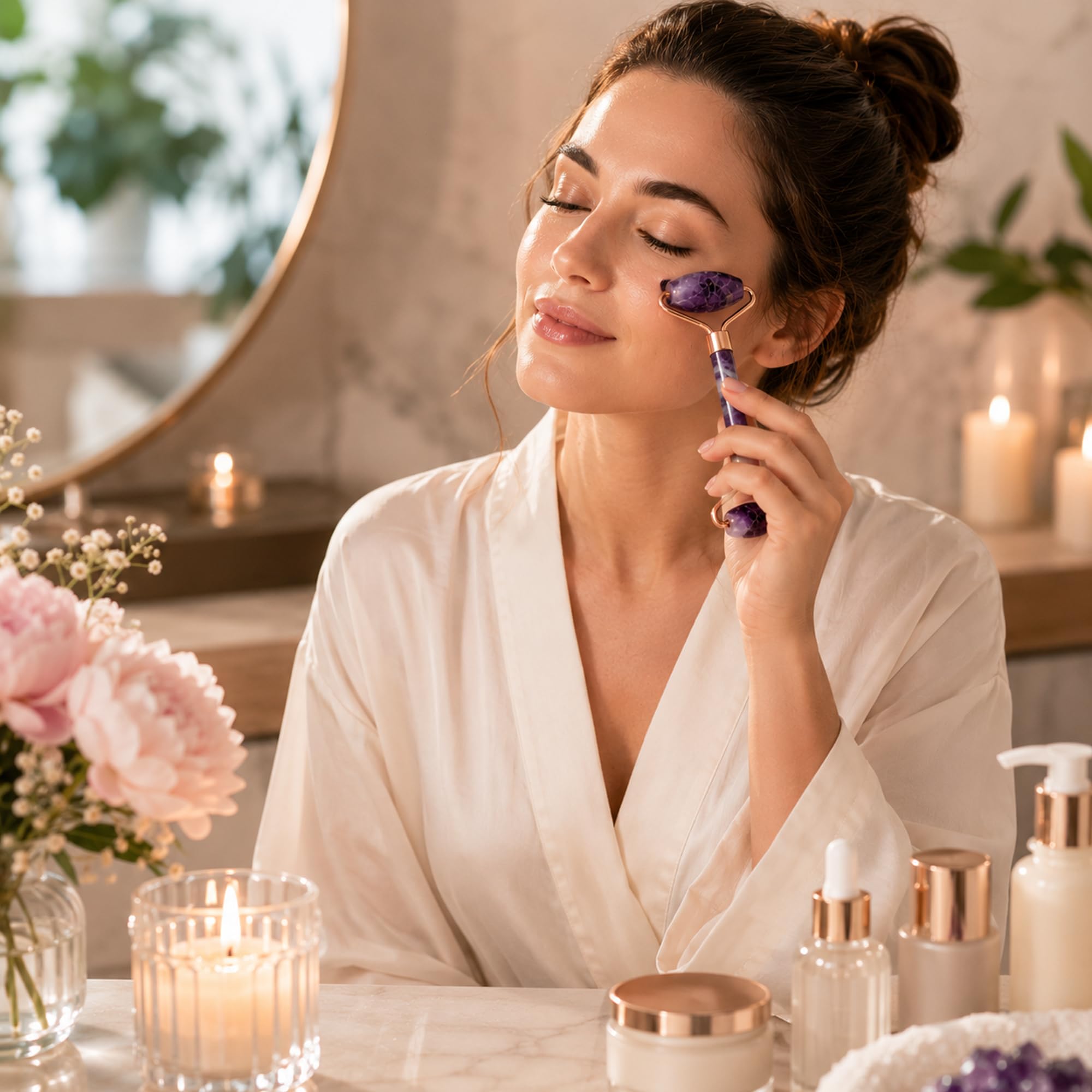 Serein Amethyst Facial Roller for Face & Neck | Natural Purple Crystal Jade Roller for Skincare, Beauty & Self Care | Dual-Sided Gemstone Face Massage Tool with Rose Gold Frame 4