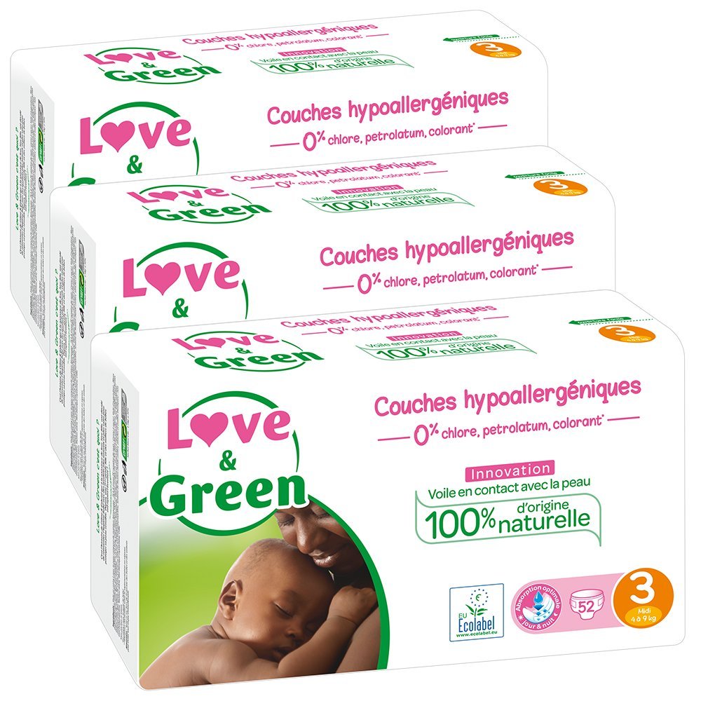 Love & Green - Couches Bébé Hypoallergéniques 0% - Taille 3 (4-9 kg) - Lot de 3 x 52 couches (156 couches)
