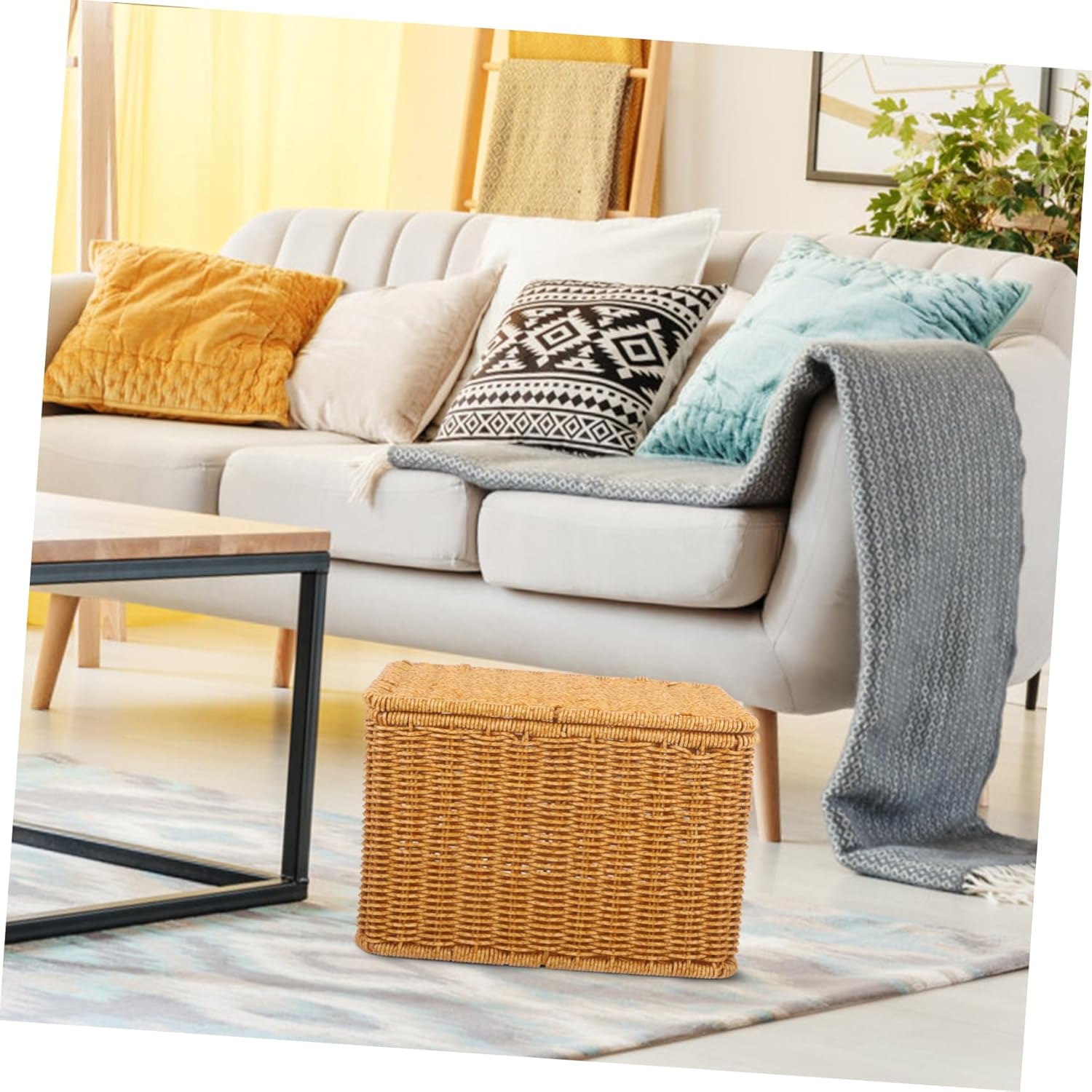 Imitation Rattan Storage Basket with Lid Small Deep Multi Purpose Woven Organizer for Clothes Socks Shoes Laundry Bedroom Bathroom Household Use