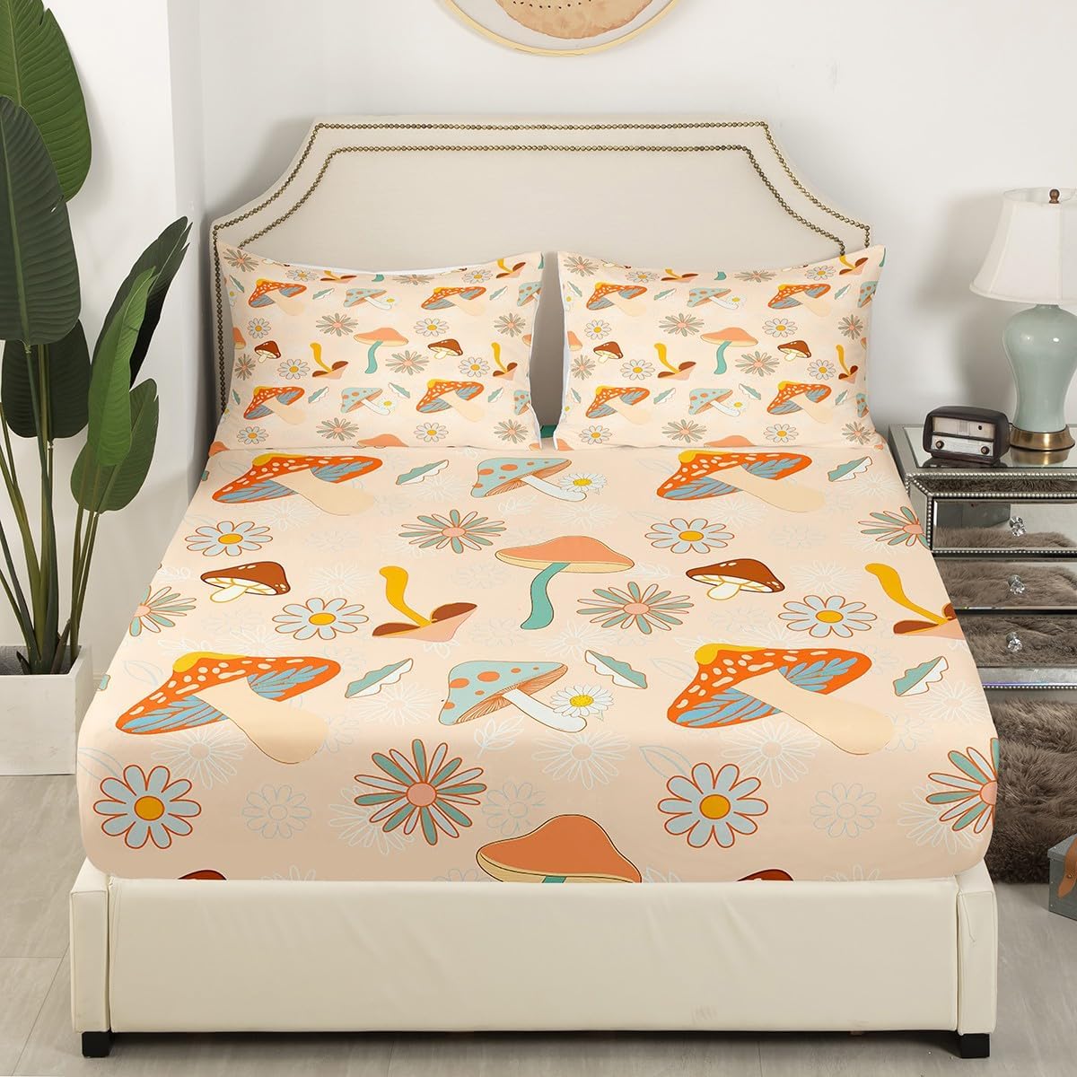 Castle Fairy 60s 70s Retro Mushroom Fitted Sheet King Size,Groovy Flowers Floral Microfiber Polyester Bed Shee Set for Man Adult,Boho Art Bedding Set (1 Fitted,1 Flat,2 Pillows)