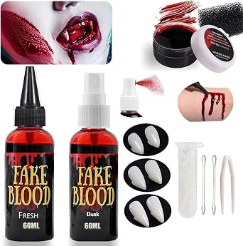 10 pcs Halloween Fake Blood Coagulated1.06oz+Spray2.03oz+Dripping2.03oz Vampire fangs teeth3 pairs,Washable Blood Splatter Makeup,Realistic Edible Bloods for Clothes, Makeup for Costume
