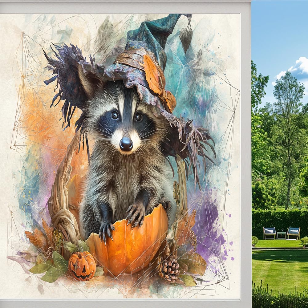 Cute Raccoon Stained Glass Window Film, Halloween Pumpkin Animal Peel and Stick Privacy Film, Frosted Adhesive Vinyl Decorative for Bathroom Windows Glass Doors,（50x100cm）