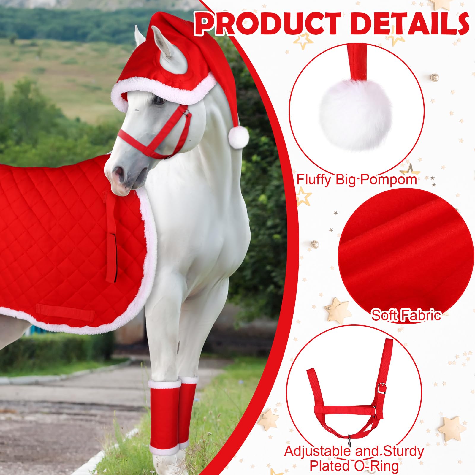 HAOWANWW 7 Pcs Christmas Horse Accessory Set, Santa Leg Wraps, Faux Fur Red Decoration, Holiday Hat, Claus Saddle Pad - Image 4