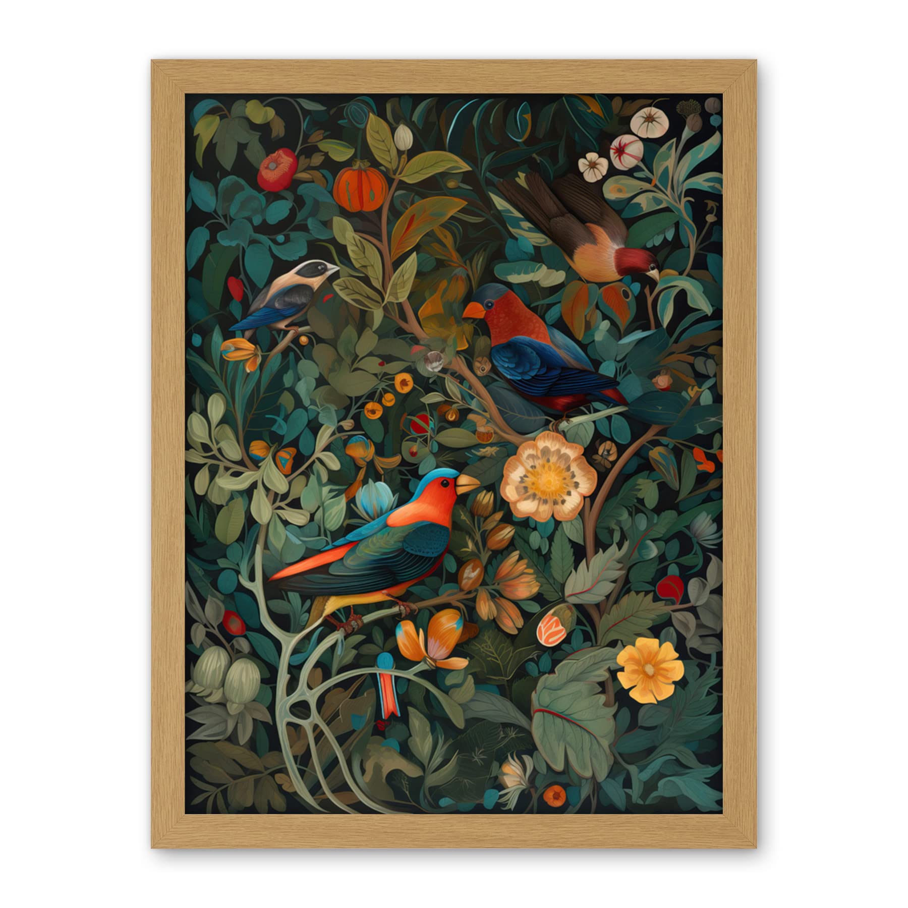 Artery8 Parrots on Exotic Blooming Trees Modern Folk Art Artwork Framed Wall Art Print 18X24 Inch