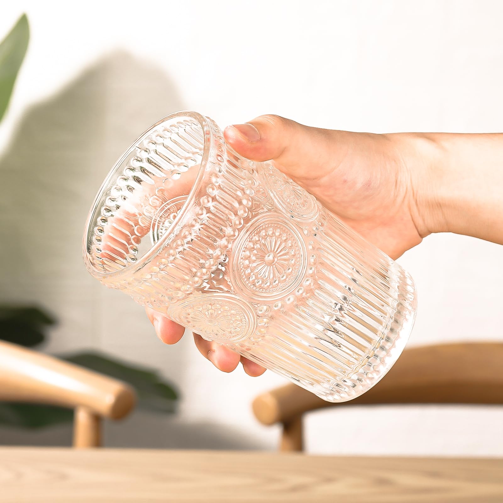 Vasos románticos de cristalería vintage – Juego de 6 vasos de cóctel de 12 onzas en relieve, vasos de vidrio perfectos para café, cócteles y bebidas, aptos para lavavajillas, regalos ideales