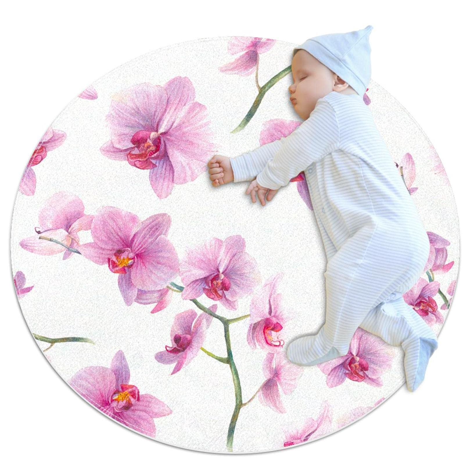 Tapis rond orchidée aquarelle pour créer un coin lecture cosy dans le salon ou la chambre
