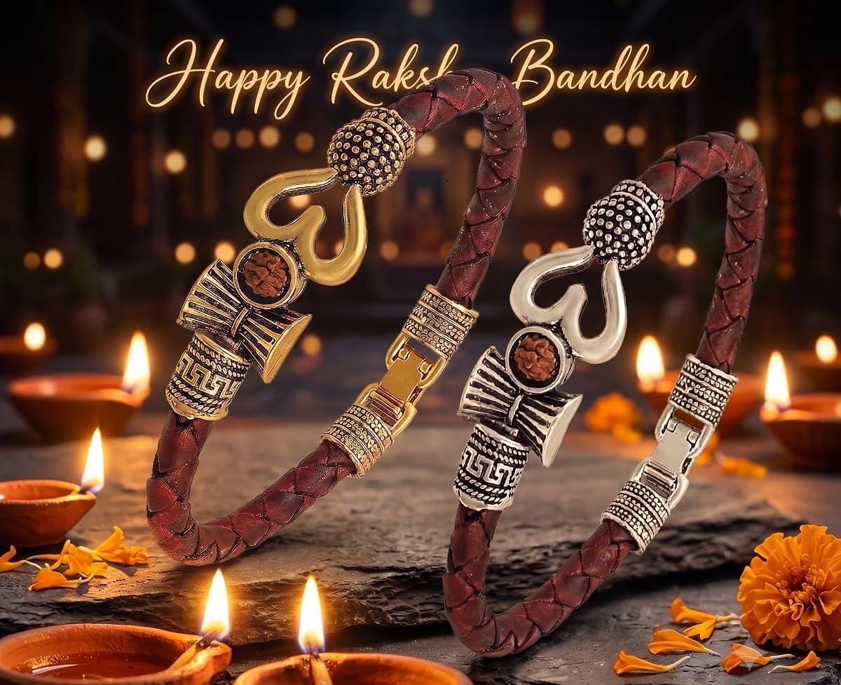 Trishul Damru Om Rudraksha Beads Gold & Silver Plated Mahakal Shiva Genuine Leather Bracelet Brown Dyed Rope Wrist Band Bahubali Kada Bracelet Rakhi Gift for Brother for Unisex Adult | pack of 2 |-image-13