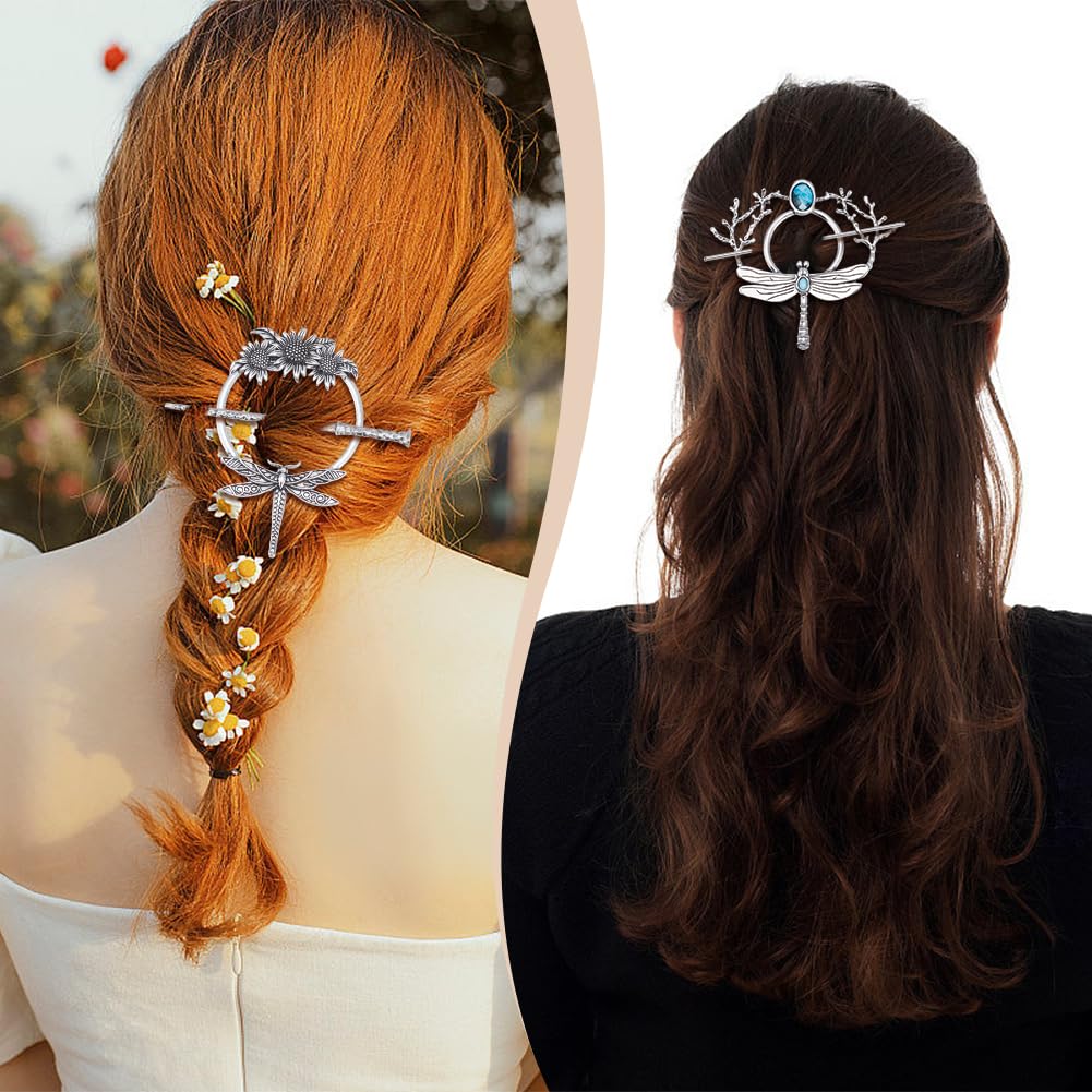 WEBEEDY 3 Styles Vintage Silver Hairpin Hair Slide Pin Dragonfly Butterfly Sunflower Moon Hair Pins Alloy Hairpin Viking Retro Barrettes for Women Long Hair Accessories,Valentine's Day Gifts,8.7cm - Image 4