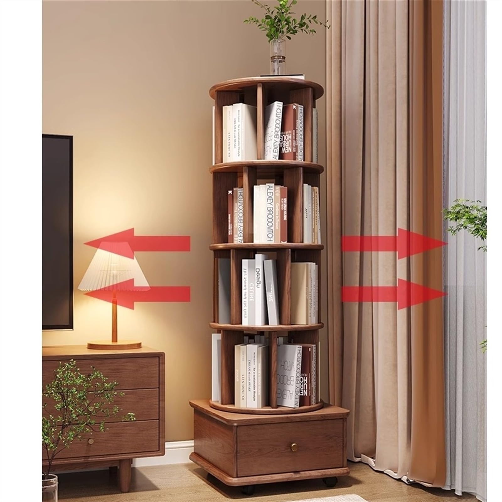 Buchaufbewahrung Drehbares Bücherregal, 360-Grad-Bücherregal, Aufbewahrungsregal for Haushaltsbücher, bewegliches Bodenregal aus Massivholz