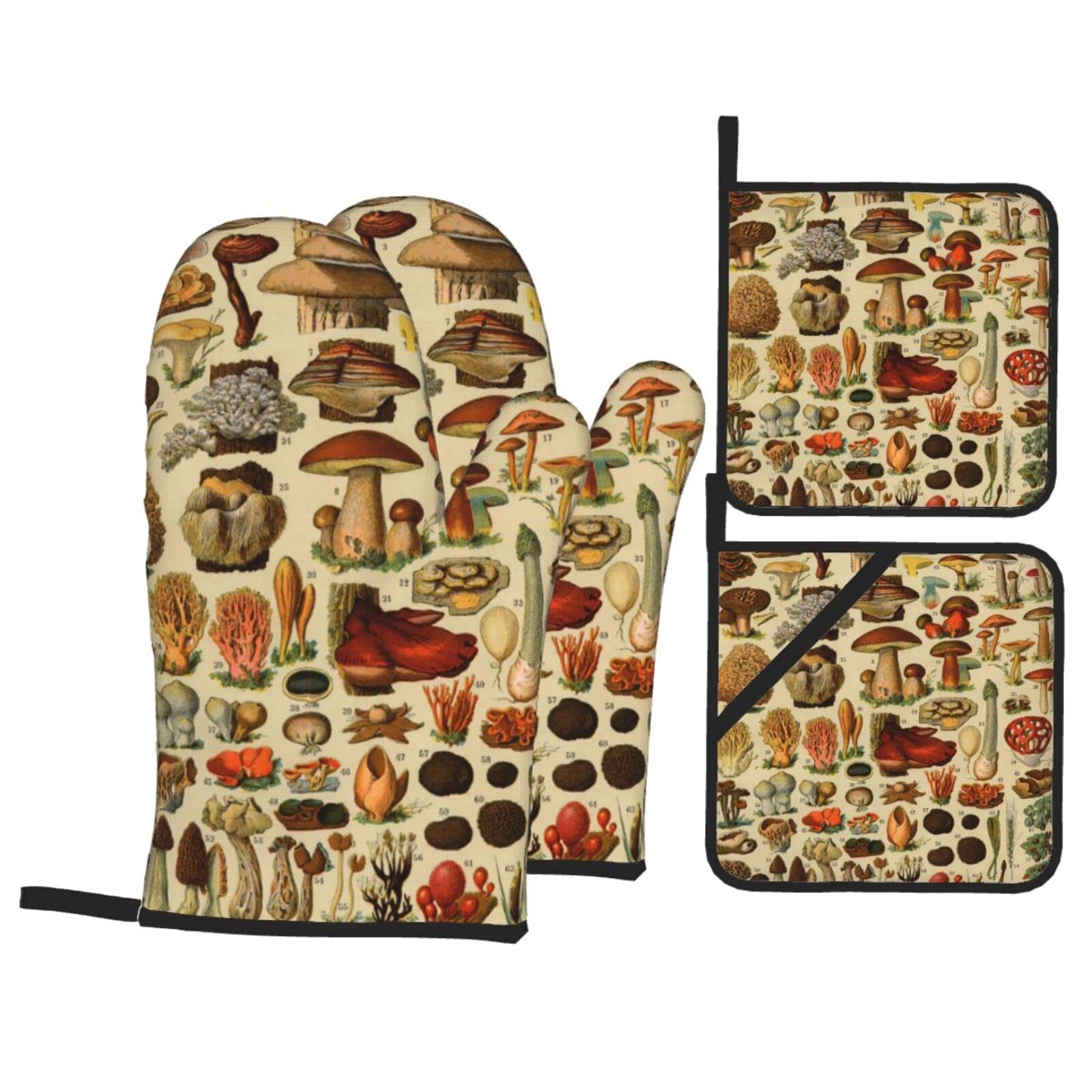 DONMYER Mushroom Oven Mitts and Pot Holders Sets of 4 Oven Gloves Set Mushrooms Kitchen Mitts Heat Resistant Vintage Mushroom Potholders for Kitchen Baking Grilling