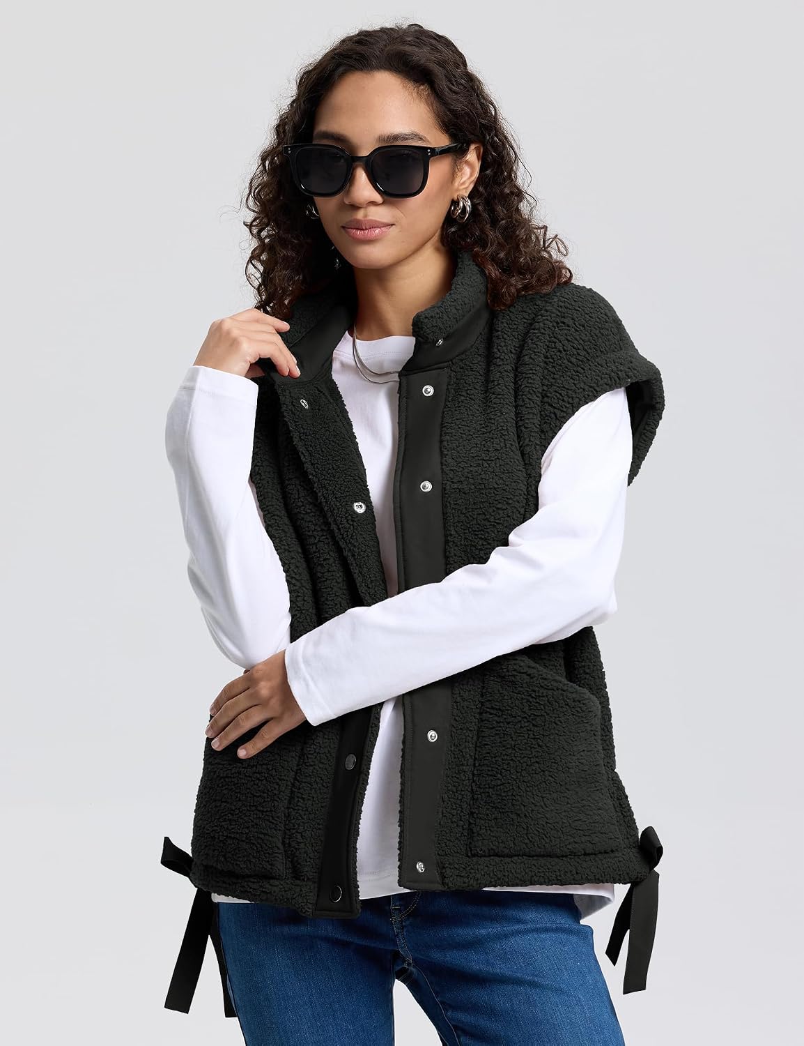 AKEWEI Womens Fuzzy Fleece Jacket Casual Button Down Cap Sleeve Vest