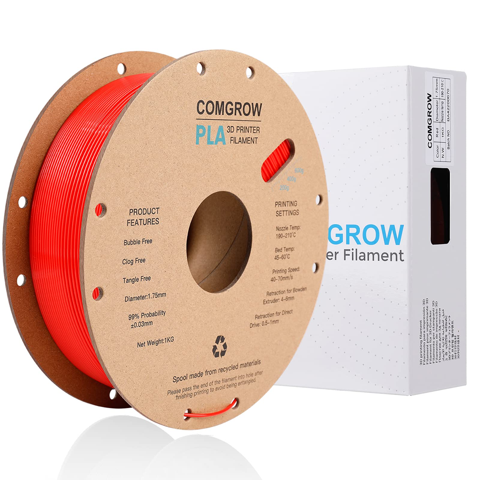 Comgrow PLA 3D Printer Filament, 3D Printer PLA Filament 1.75mm, Dimensional Accuracy +/- 0.02 mm, 1KG Spool PLA Red