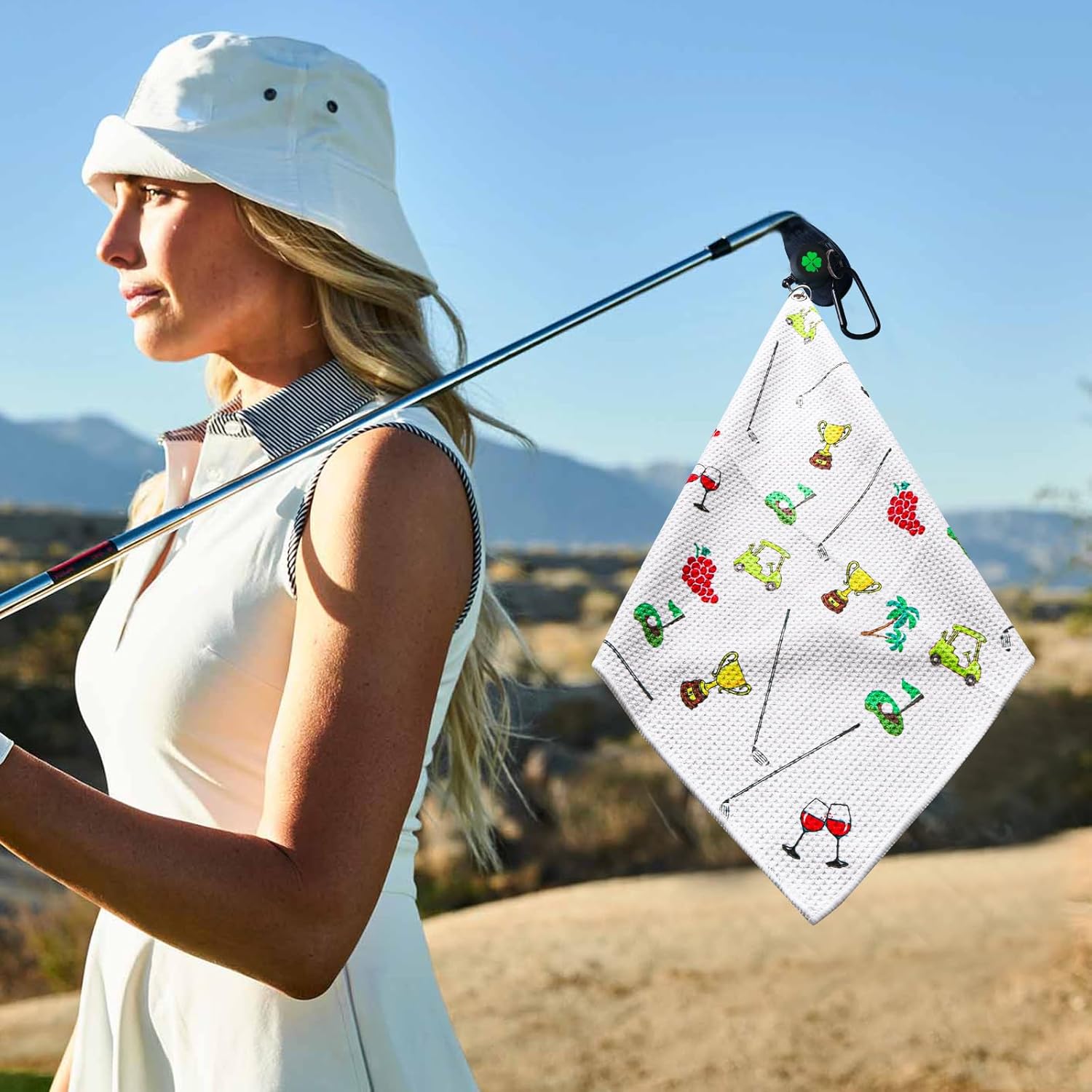 Amy Sport Golf Towels for Golf Bags for Women Men Value 2 Pack with 3 Strong Magnetic Retractable Carabiner and Black Brush, 16''X16'' Microfiber Waffle Pattern Towel Absorbent Set (Black&White)